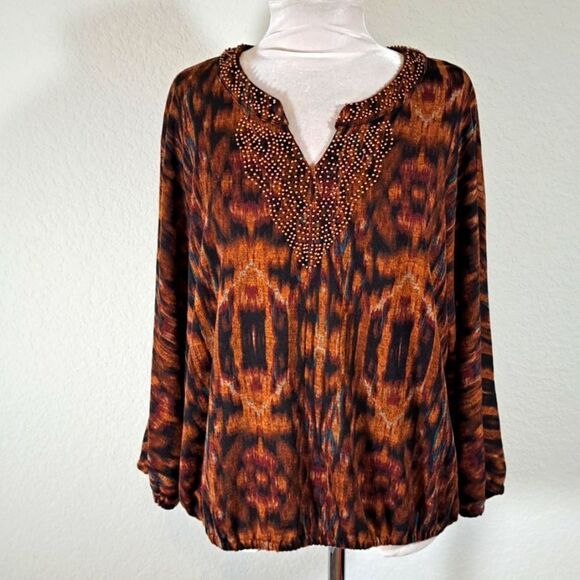 Rafaella Women’s Top Large Multi Fall Colors Copper beads at Collar & Bib V-Neck - Picture 1 of 12